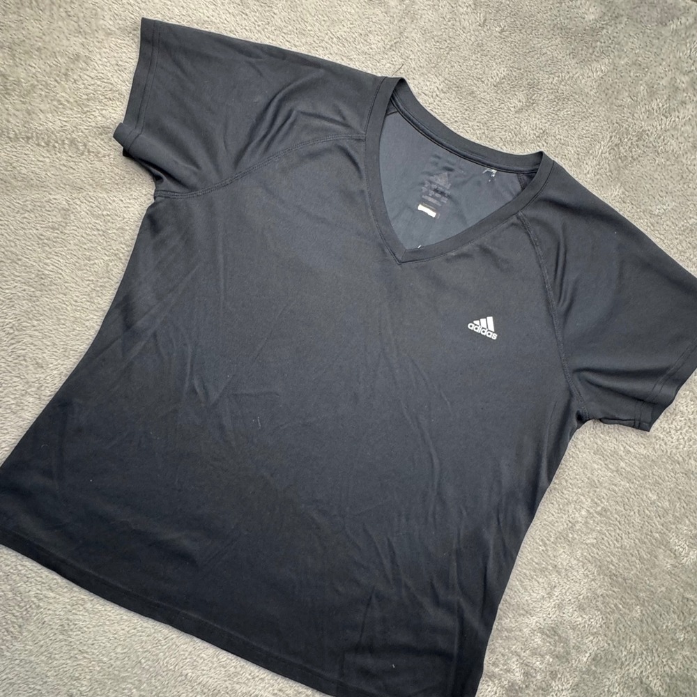 Adidas Clima365 V-Neck T-Shirt Womens L Black Excellent Short Sleeve Logo Top